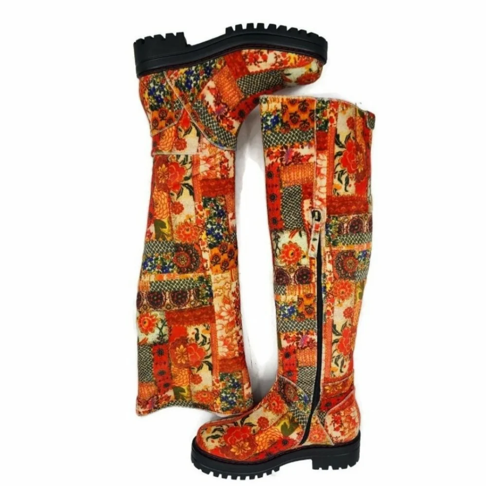 Free People Red Multi Patchwork Over-the-Knee Boots